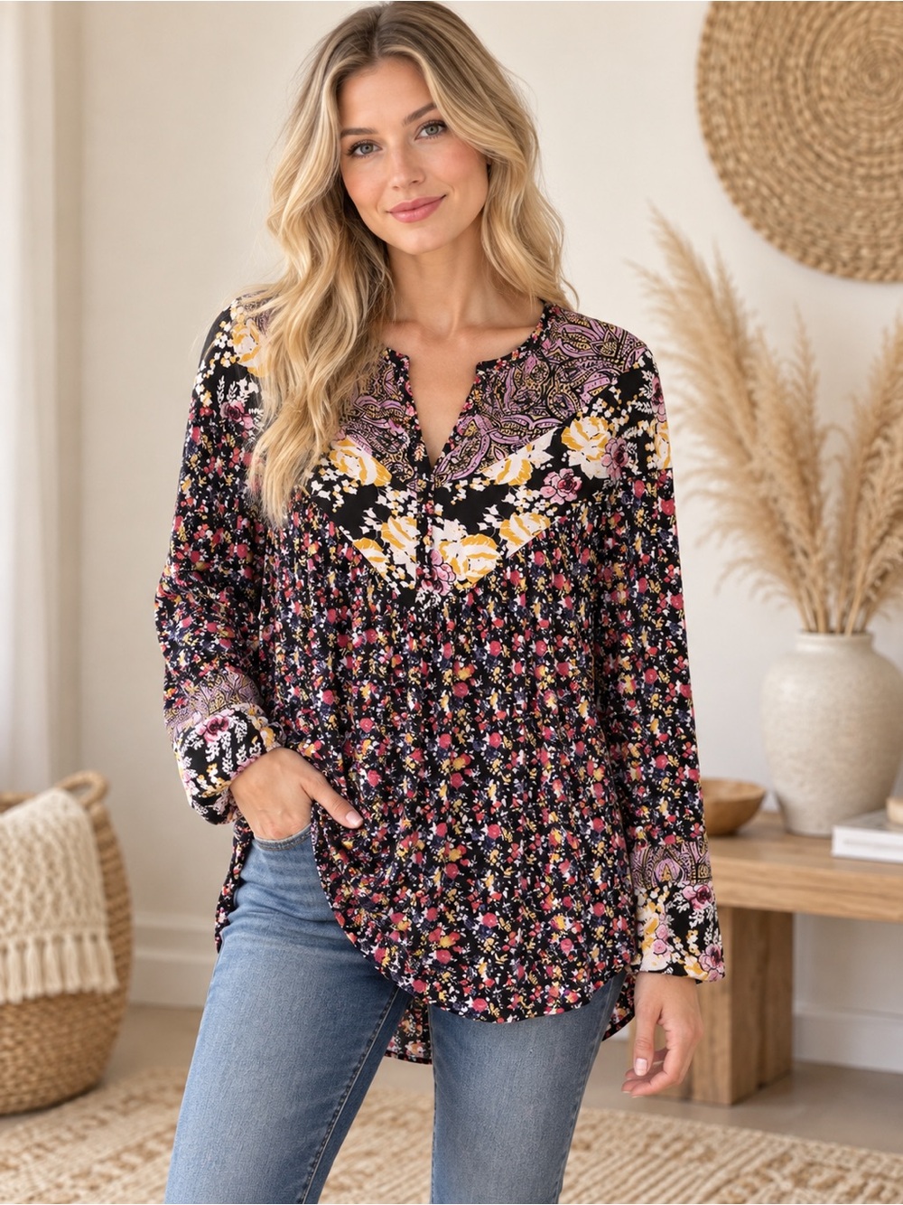 Free People Black Floral Split-Neck Tunic with Pink & Yellow Accents